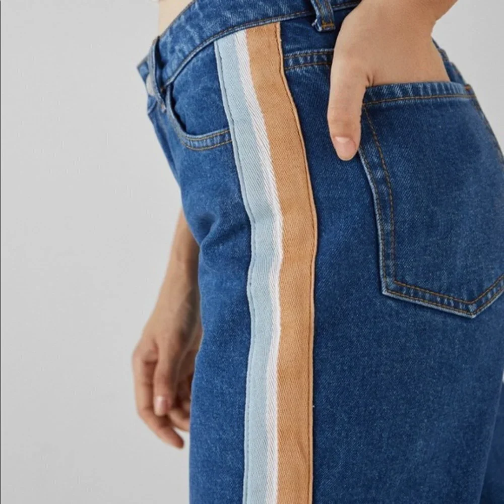 Bershka Mom High Rise Raw Hem Stripe Jeans